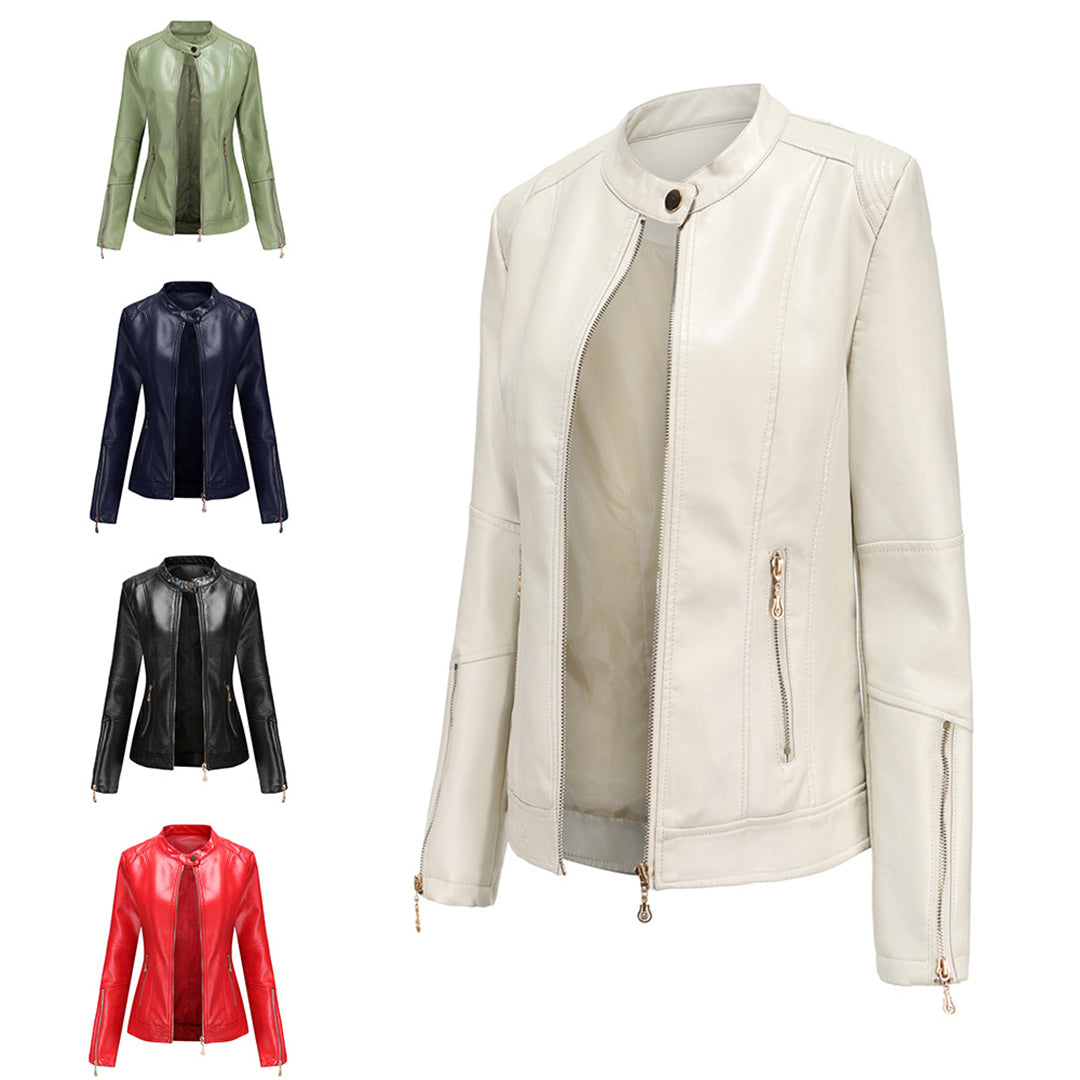 Fenna - Elegante Lederjacke mit rundem Kragen und Knopfverschluss