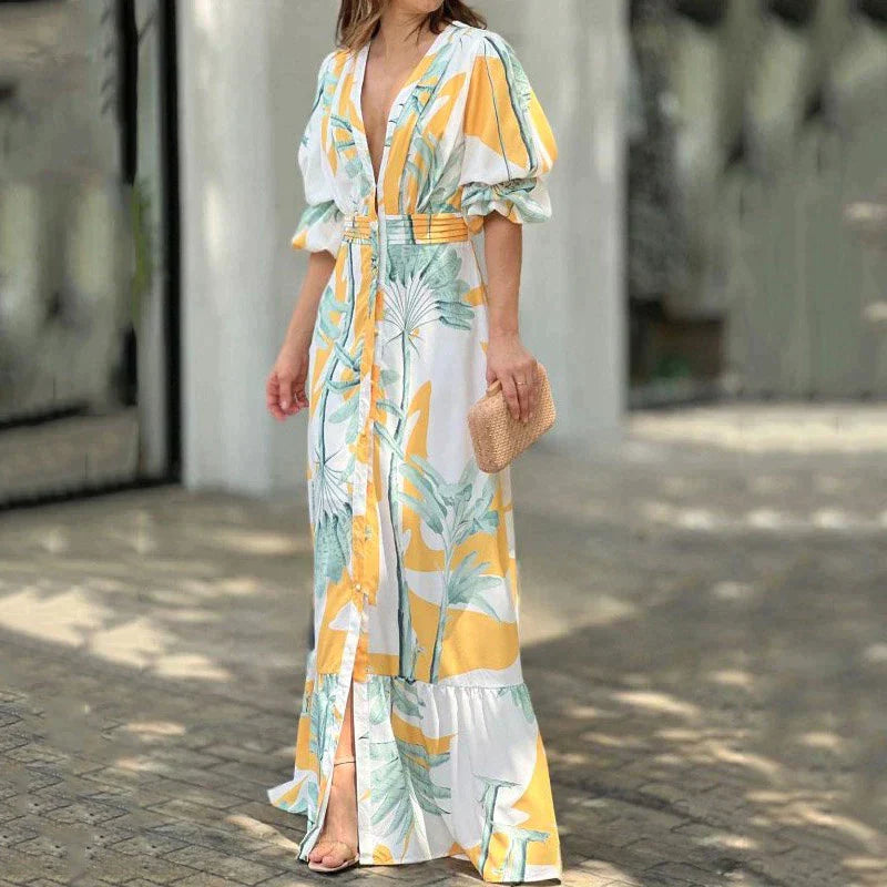 Susanne - Langes Sommerkleid mit süßen Puffärmeln und tiefem V-Ausschnitt